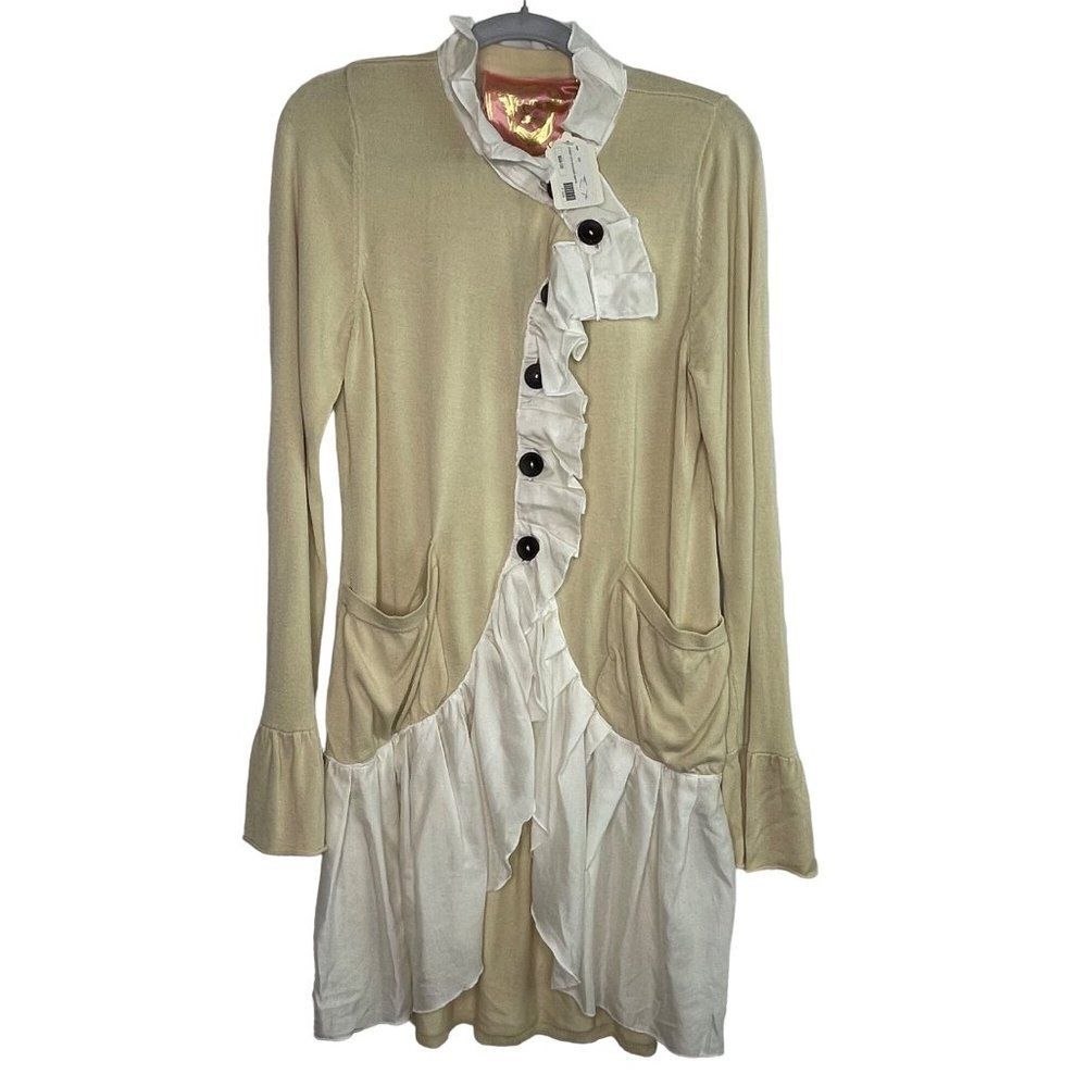 Knitted Dove Cardigan Lagenlook Artsy Asymmetrical Sweater Ruffle Size M Long
